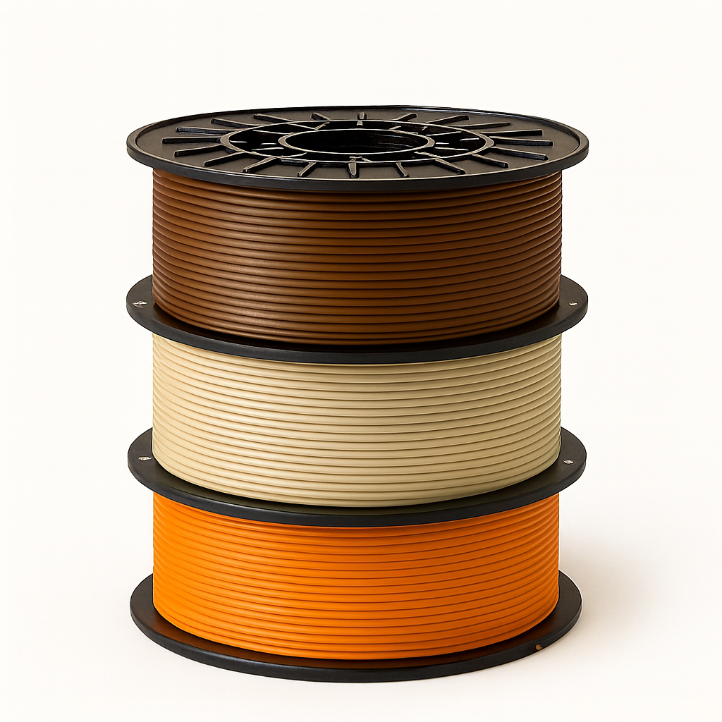 PETG 3D plastiko rinkinys 3 × 1 kg: Ruda, Smėlio, Oranžinė. Tinka AMS.