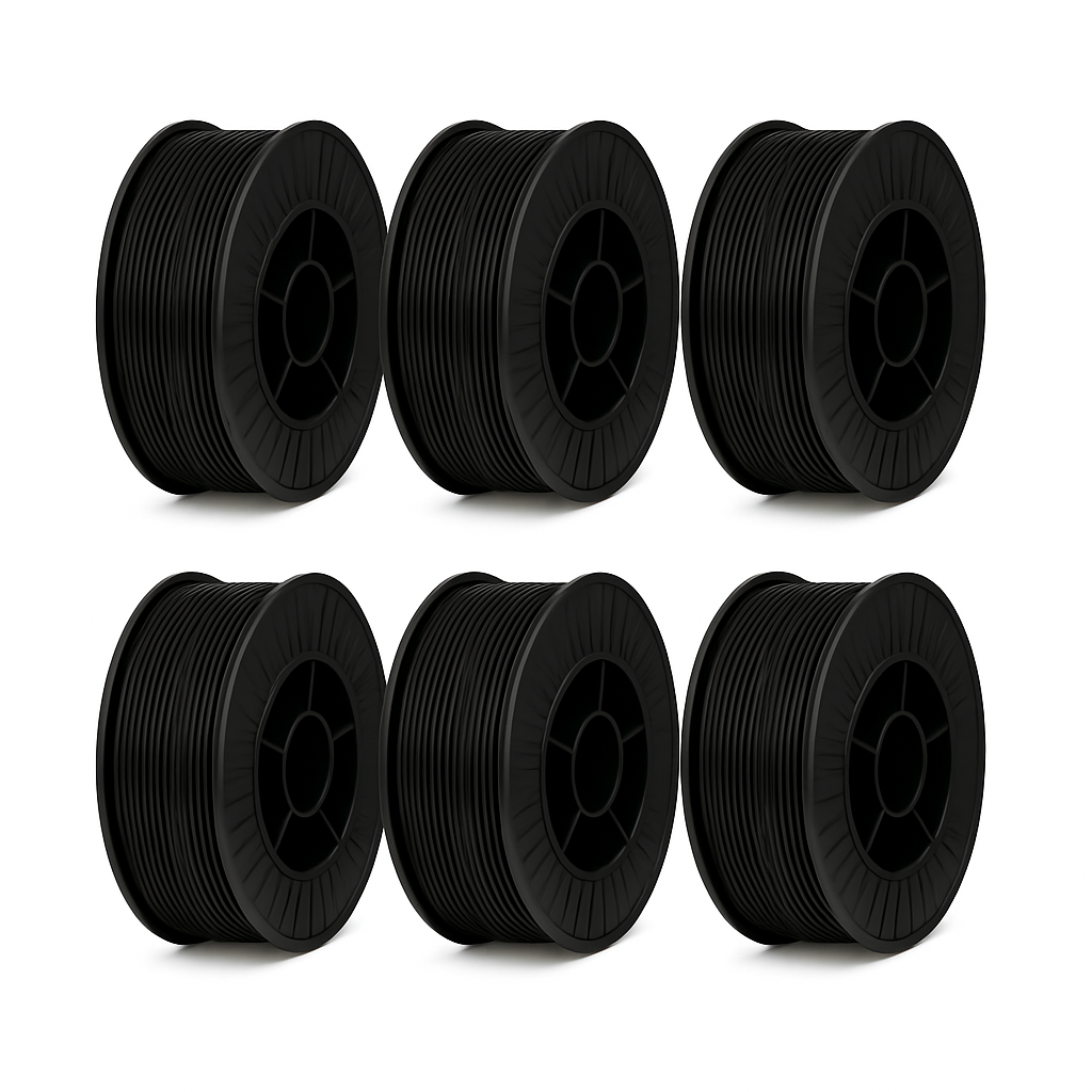 6 juodos spalvos PETG plastiko ritės po 3.5 kg (iš viso 21 kg), 1.75 mm diametras