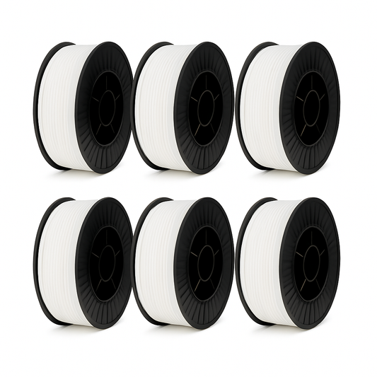 6 baltos spalvos PETG plastiko ritės po 3.5 kg (iš viso 21 kg), 1.75 mm diametras