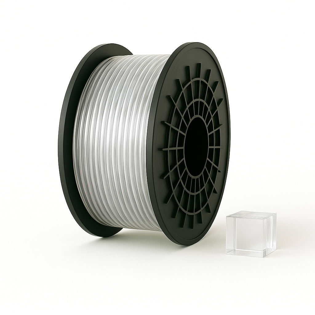 Skaidrus PETG 3D plastikas 1.75 mm, 1 kg ritė – pagaminta Lietuvoje, Filacraft