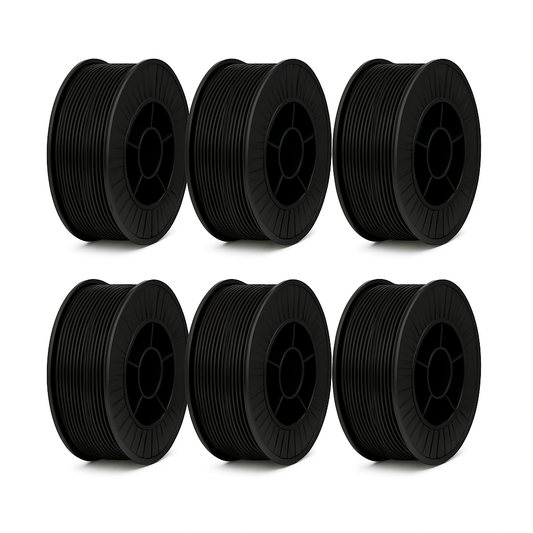 6 juodos spalvos PETG plastiko ritės po 3.5 kg (iš viso 21 kg), 1.75 mm diametras