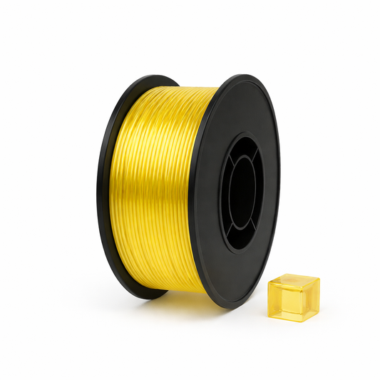 Skaidrus Auksinis PETG 3D plastikas 1.75 mm, 1 kg ritė – pagaminta Lietuvoje, Filacraft