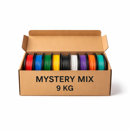 PLA Mystery Mix 9 kg rinkinys su 9 skirtingų spalvų 3D plastiko ritėmis.
