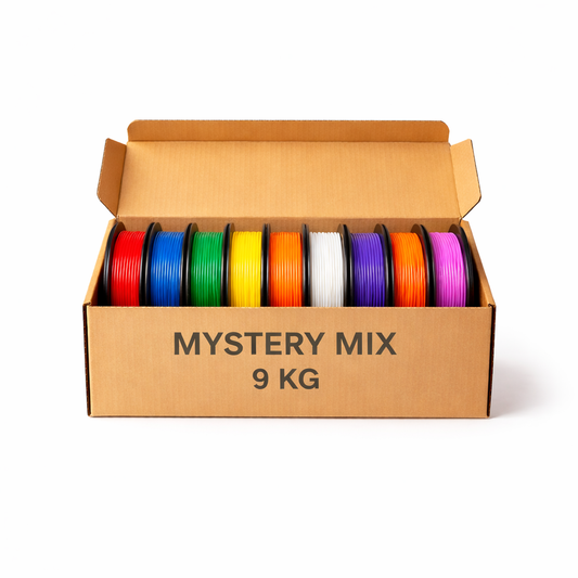 PETG Mystery Mix 9 kg rinkinys su 9 skirtingų spalvų 3D plastiko ritėmis.