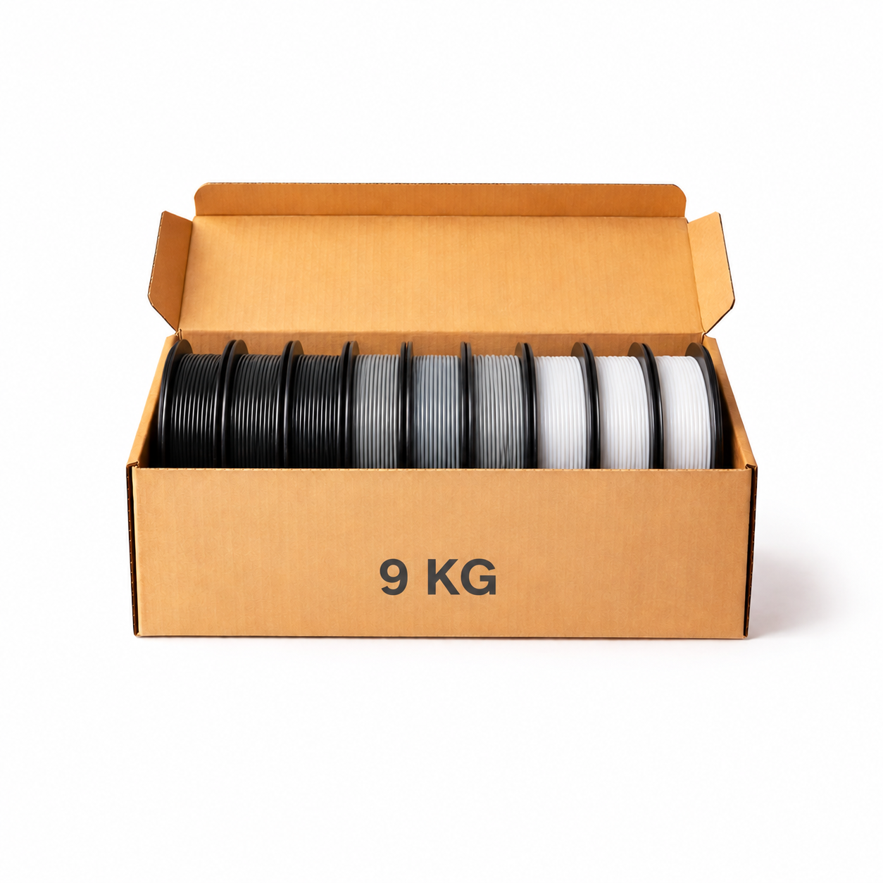 PETG Basic 9 kg rinkinys su 3 skirtingų spalvų 3D plastiko ritėmis.