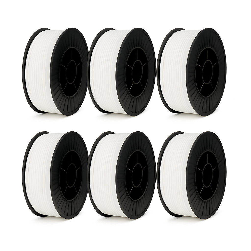 6 baltos spalvos PETG plastiko ritės po 3.5 kg (iš viso 21 kg), 1.75 mm diametras